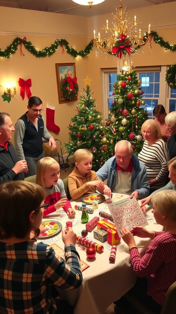 A festive Christmas party with people playing games, decorated Christmas tree, and joyful atmosphere.